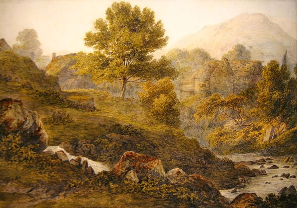A Mountain Farmstead (akvarell på papir) av John Glover