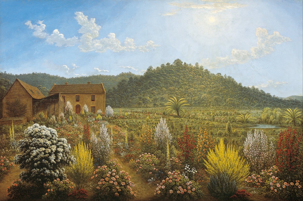 En utsikt over kunstnerens hus og hage, i Mills Plains, Van Diemens Land av John Glover