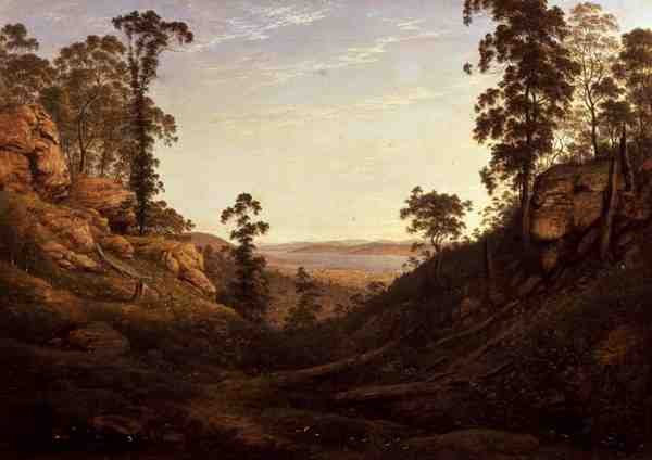 The River Derwent og Hobart Town, Tasmania (olje på lerret) av John Glover