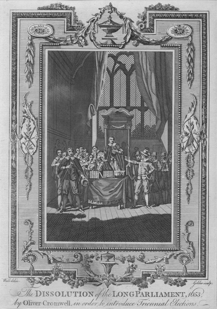 The Dissolution of the Long Parliament, 1653, av Oliver Cromwell, for å introdusere Triennial Ele av John Goldar