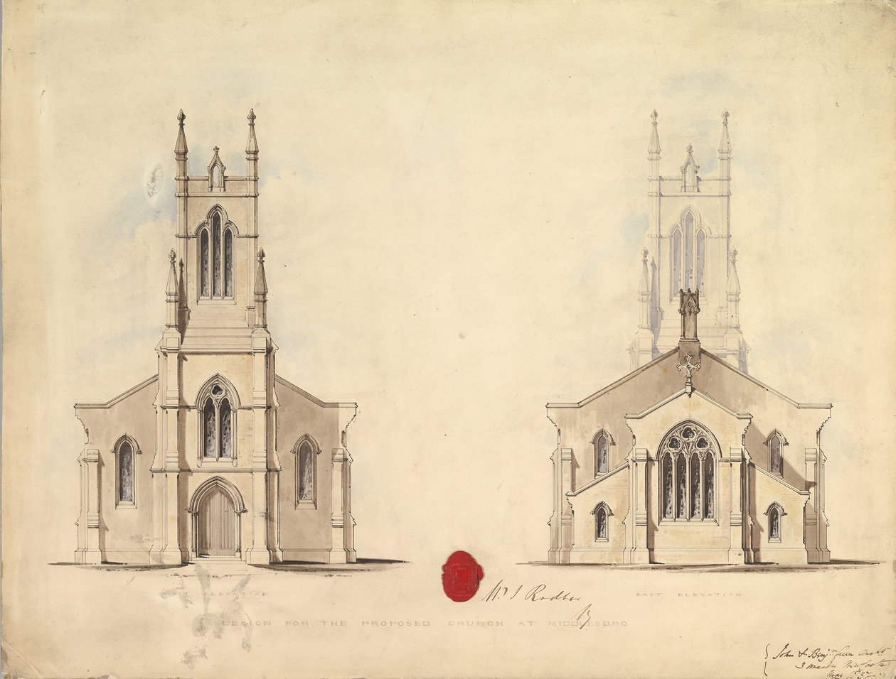 Design for den foreslåtte kirken i Middlesborough, 1837 av John Greenwood