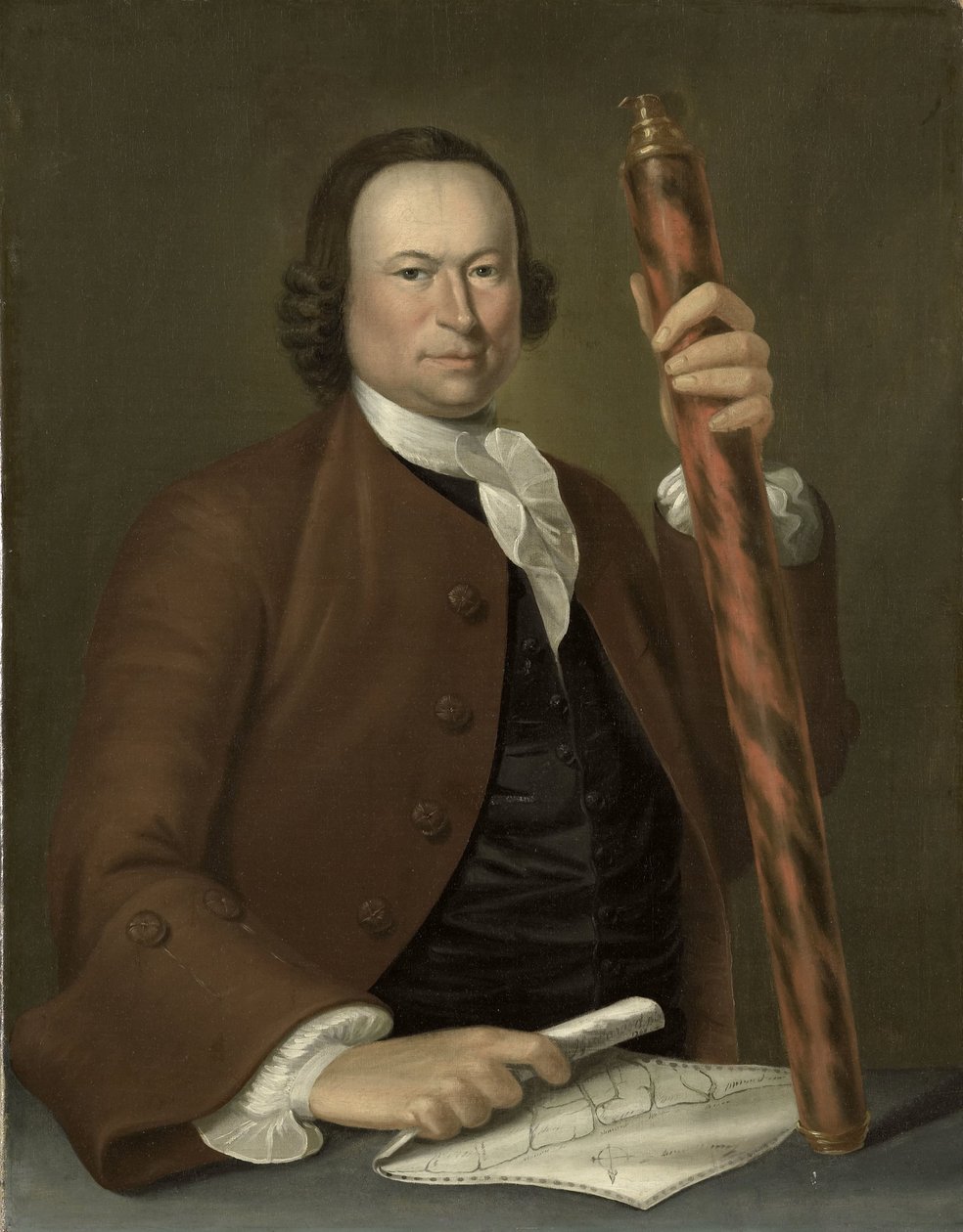 Portrett av en offiser til sjøs med kystkart og kikkert i hånden av John Greenwood