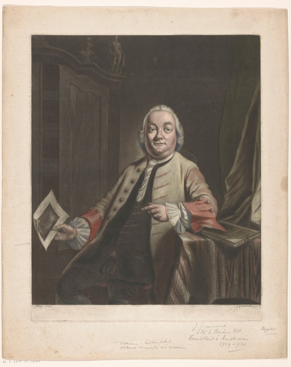 Portrett av Simon Fokke med i hånden avtrykket av plyndringen av huset til Gerrit Hagedooren, 1751 av John Greenwood