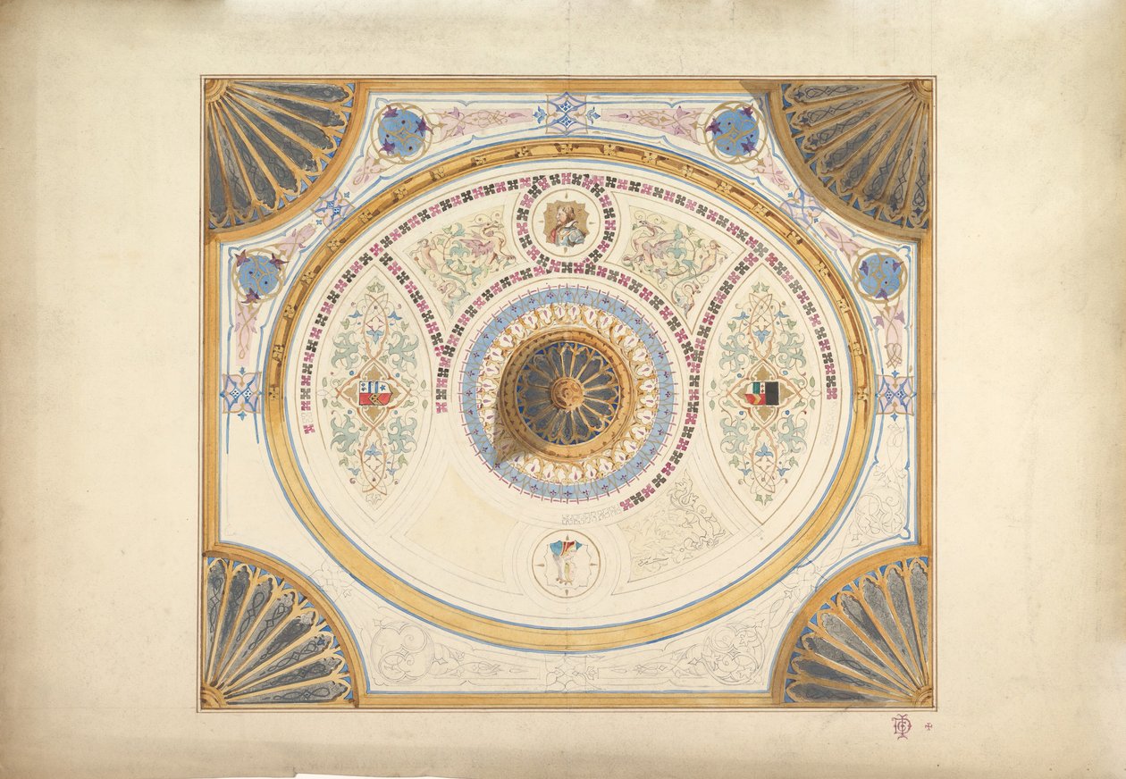 Design for tak med to portretter og viftestøtter ved hjørner, 1800-tallet. av John Gregory Crace