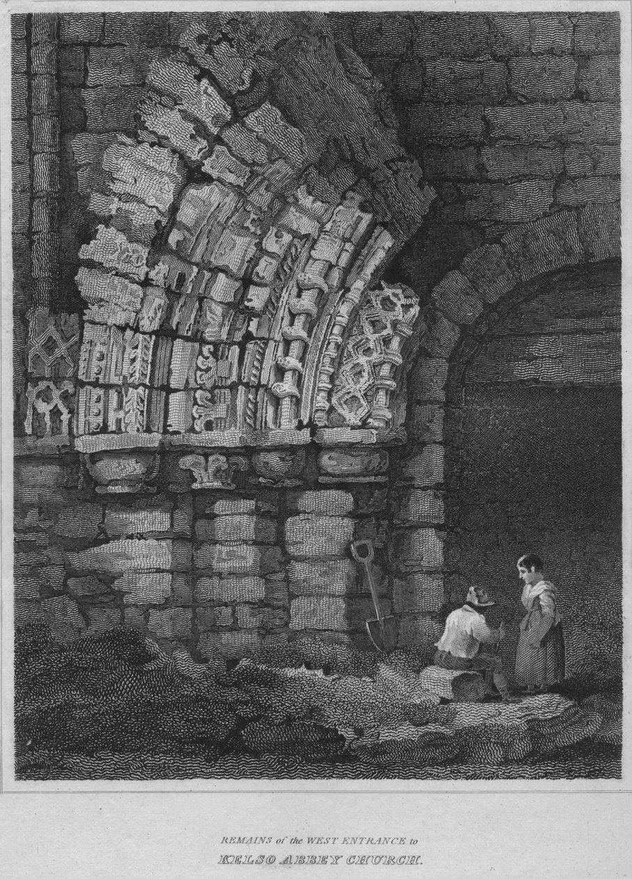 Rester av vestinngangen til Kelso Abbey Church, 1814 av John Greig