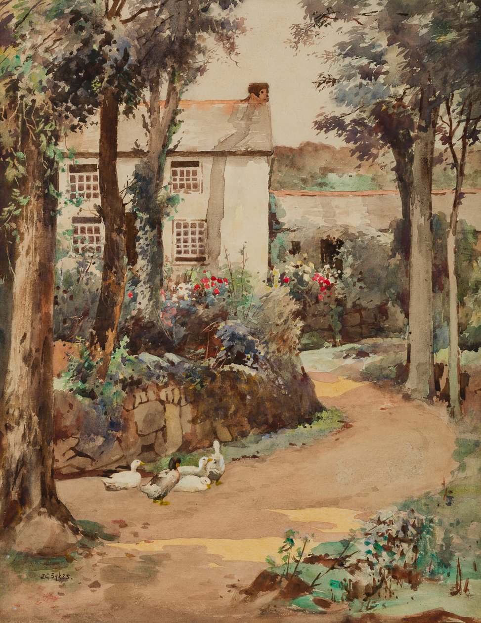 Kemyl Cottage, Lamorna (wc på papir) av John Guttridge Sykes