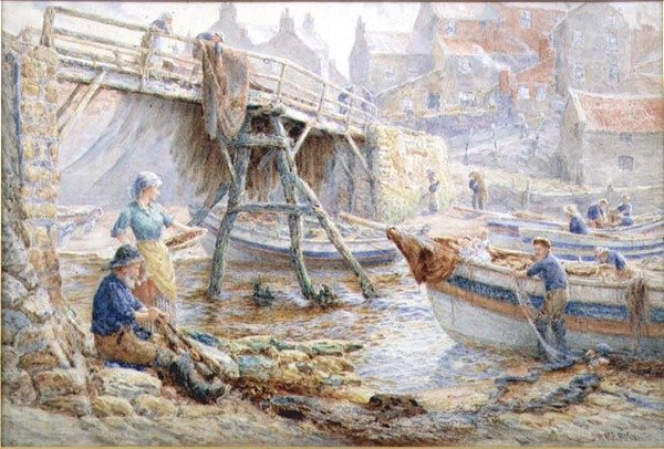 Mending the Nets, Staithes (akvarell) av John H. Parkyn