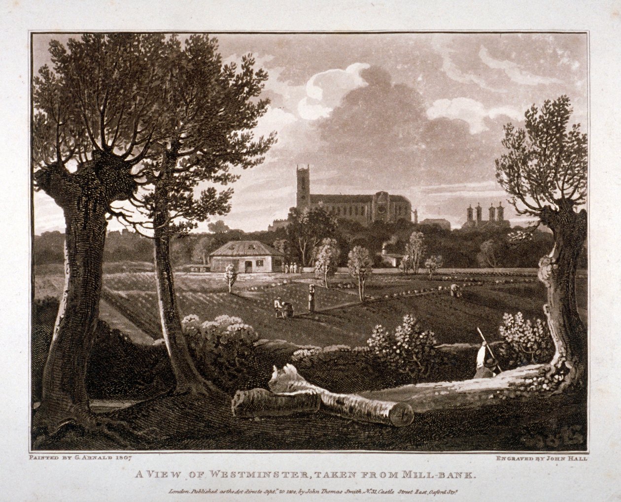 Utsikt over Westminster fra Millbank, London, 1807 av John Hall