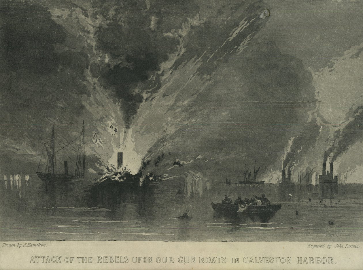 Angrep fra opprørerne på våre våpenbåter i Galveston Harbor, ca. 1863 av John Hamilton
