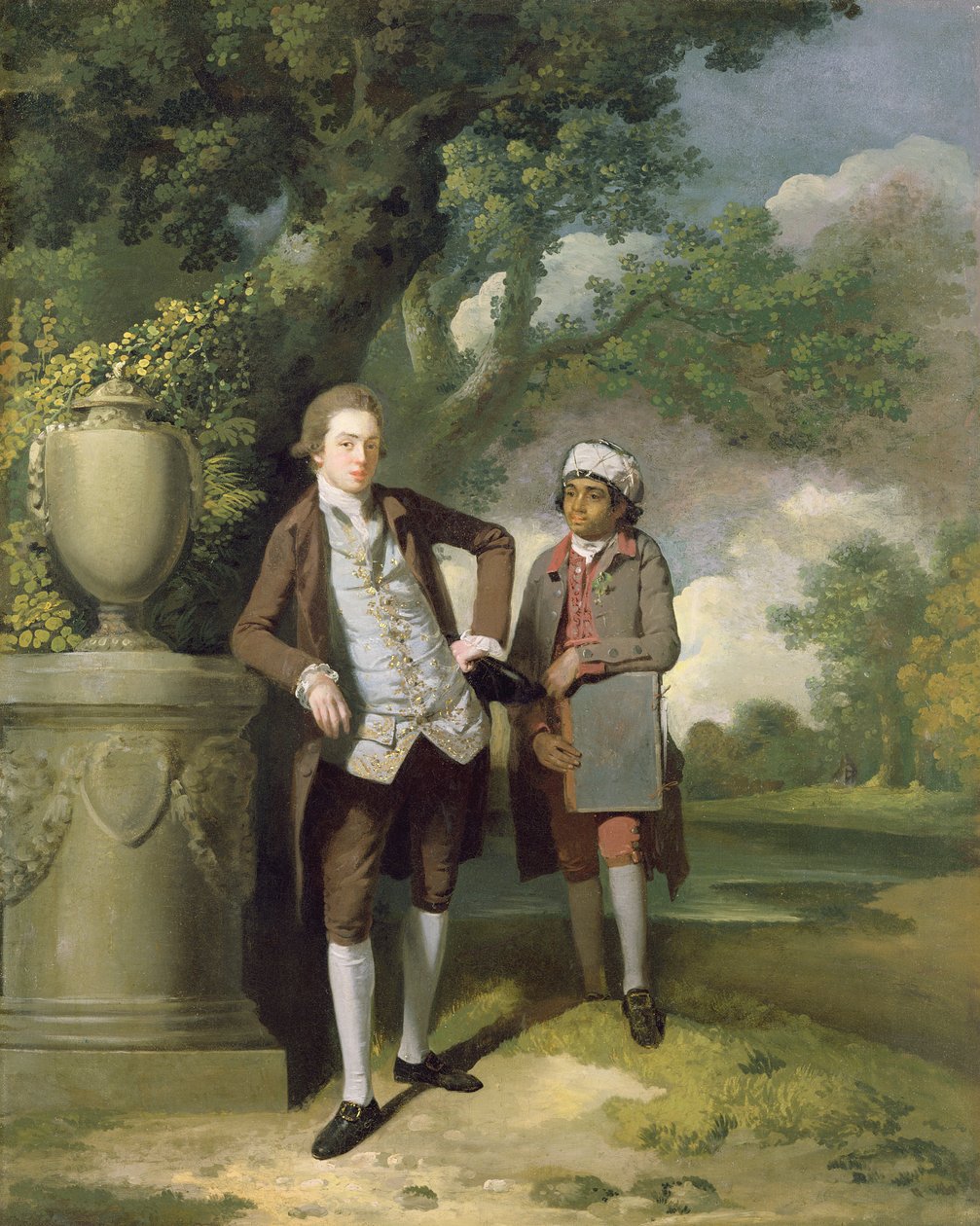 En ung mann med sin indiske tjener som holder en portefølje (olje på lerret) av John Hamilton Mortimer