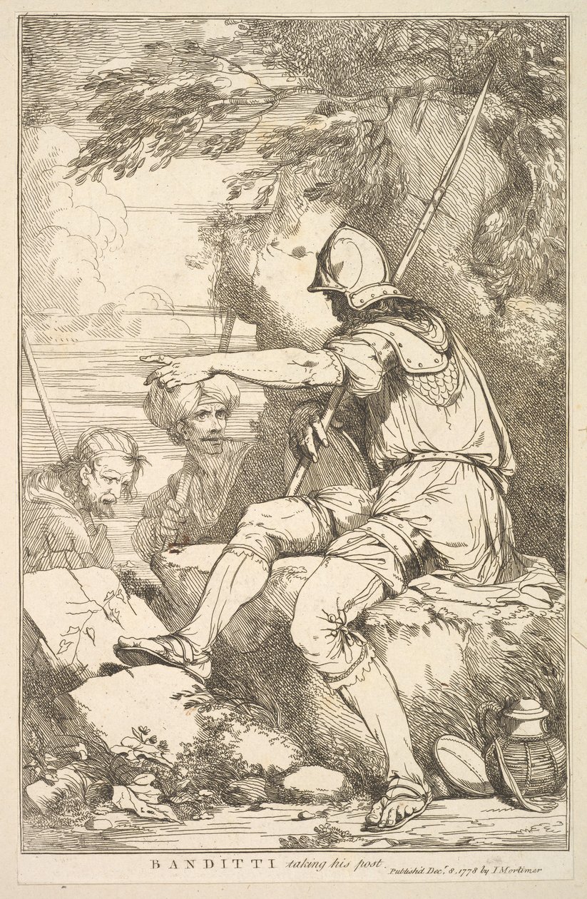 Banditti tar sitt innlegg fra femten etsninger dedikert til Sir Joshua Reynol..., 8. desember 1778. av John Hamilton Mortimer