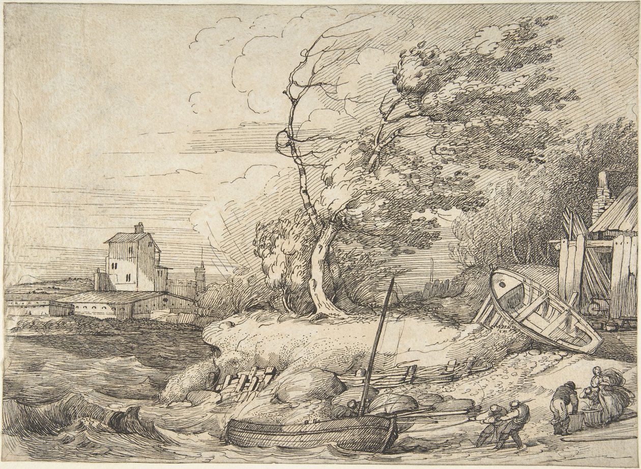 Å trekke en fiskebåt på land i storm av John Hamilton Mortimer