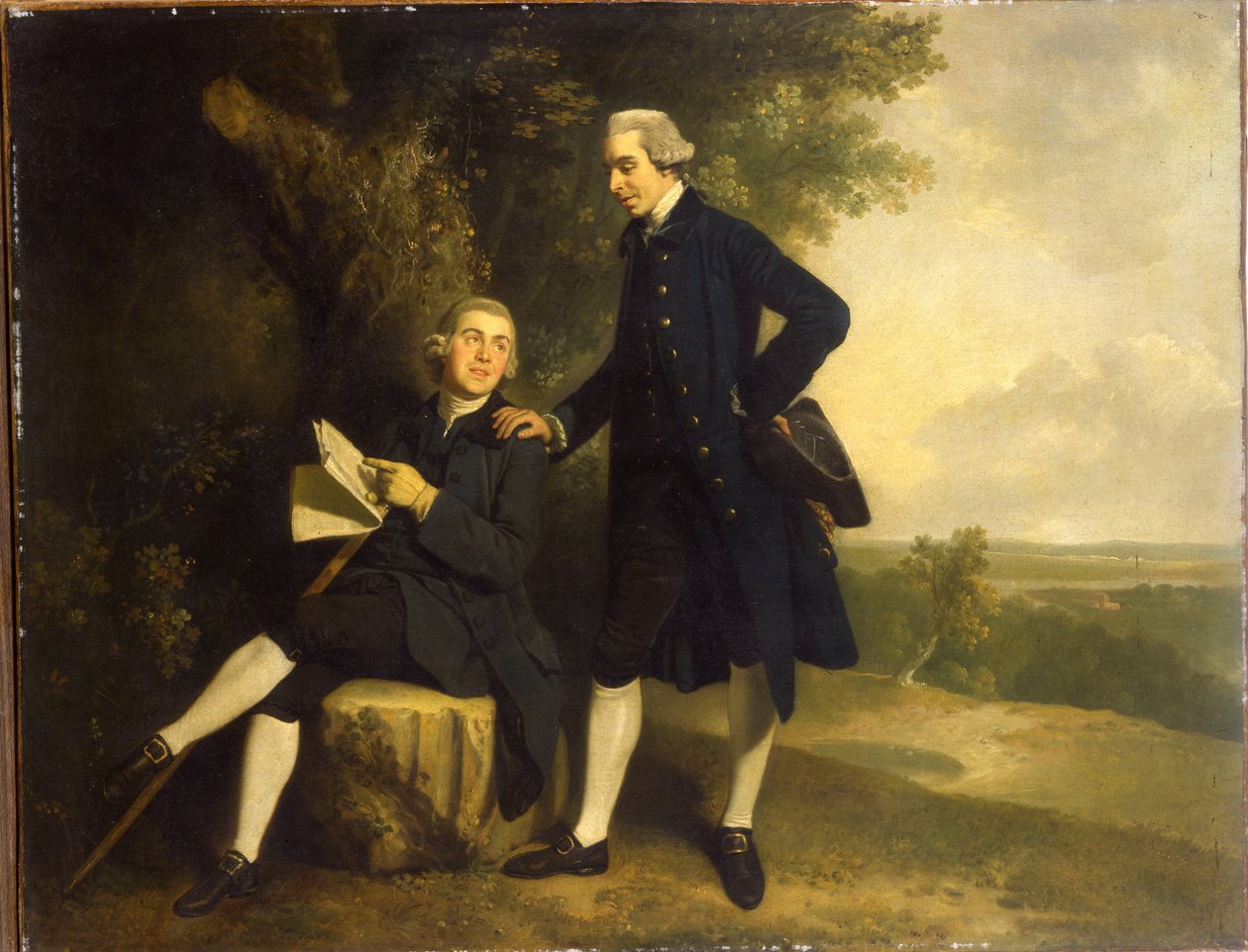 Dobbeltportrett av Thomas Somers Cocks og Richard Cocks fra Castleditch, begge små i full lengde, førstnevnte i en blå frakk og vest med en svart trehjørning, sistnevnte sitter i en blå frakk og vest med et manuskript, i et landskap, av John Hamilton Mortimer