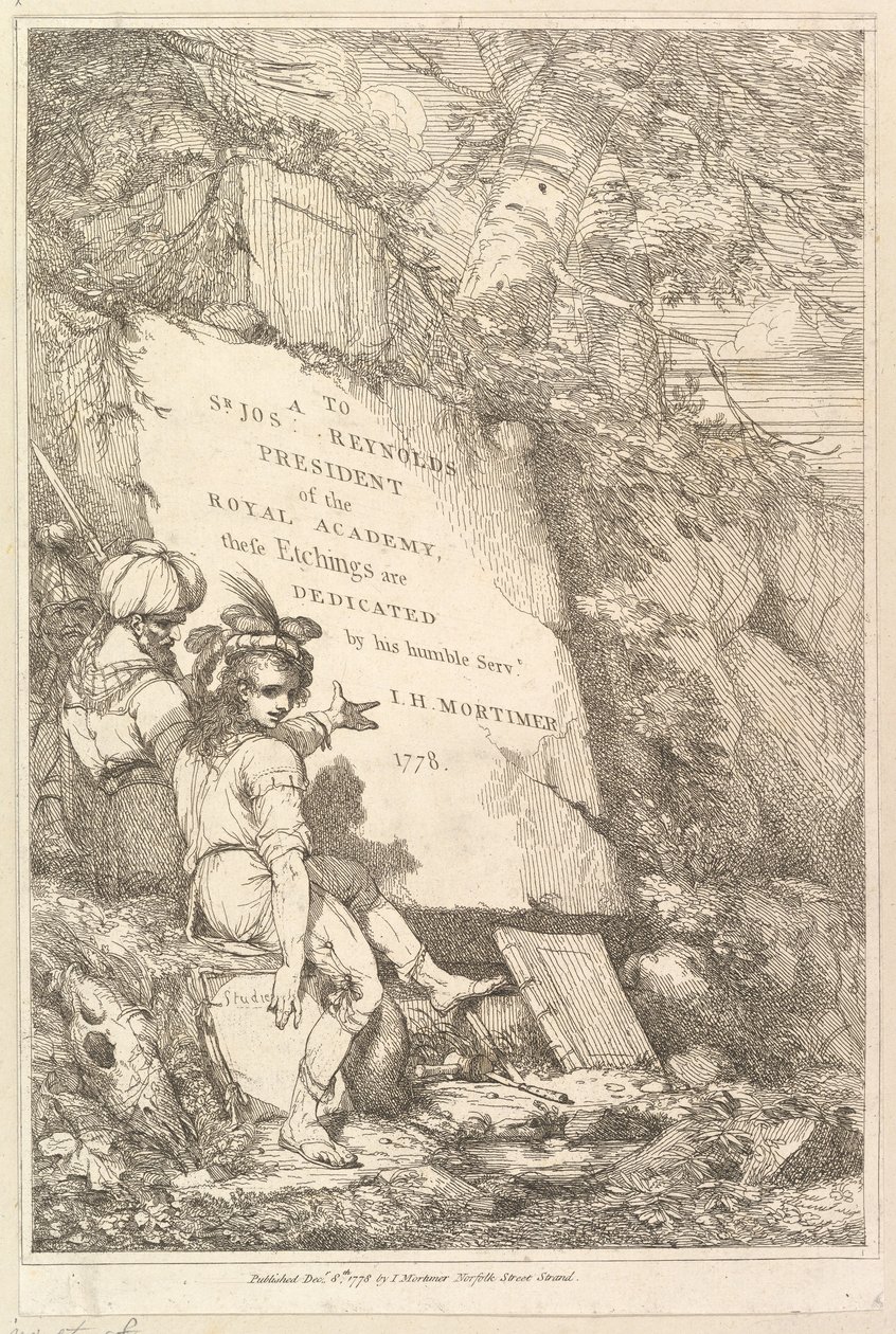 Frontispice Femten Etchings dedikert til Sir Joshua Reynolds, 1778. av John Hamilton Mortimer