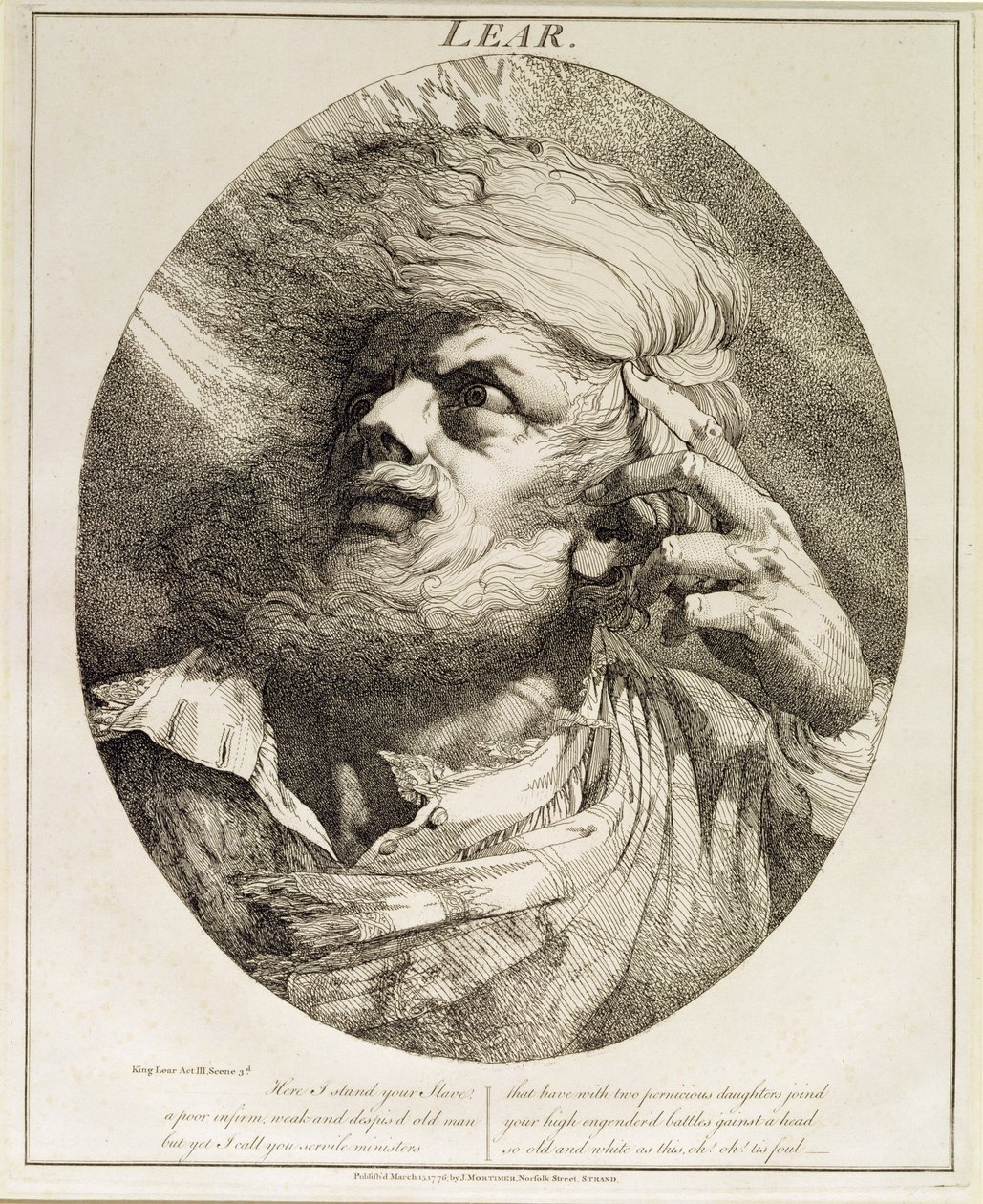 Lear, fra King Lear, akt III, scene 3, 1776 av John Hamilton Mortimer