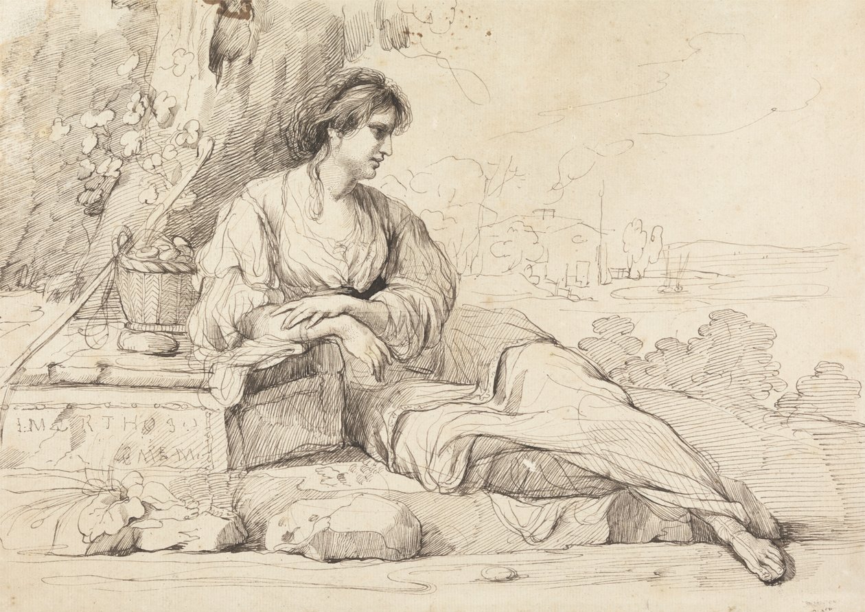 Tilbakelent kvinneskikkelse i et italiensk landskap av John Hamilton Mortimer