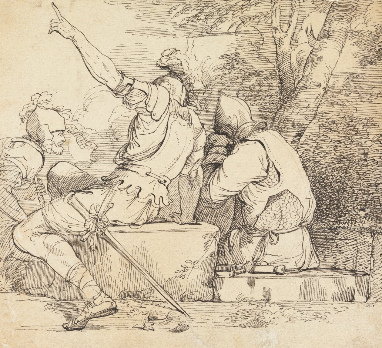 Tre soldater i rustning sitter på steinblokker av John Hamilton Mortimer