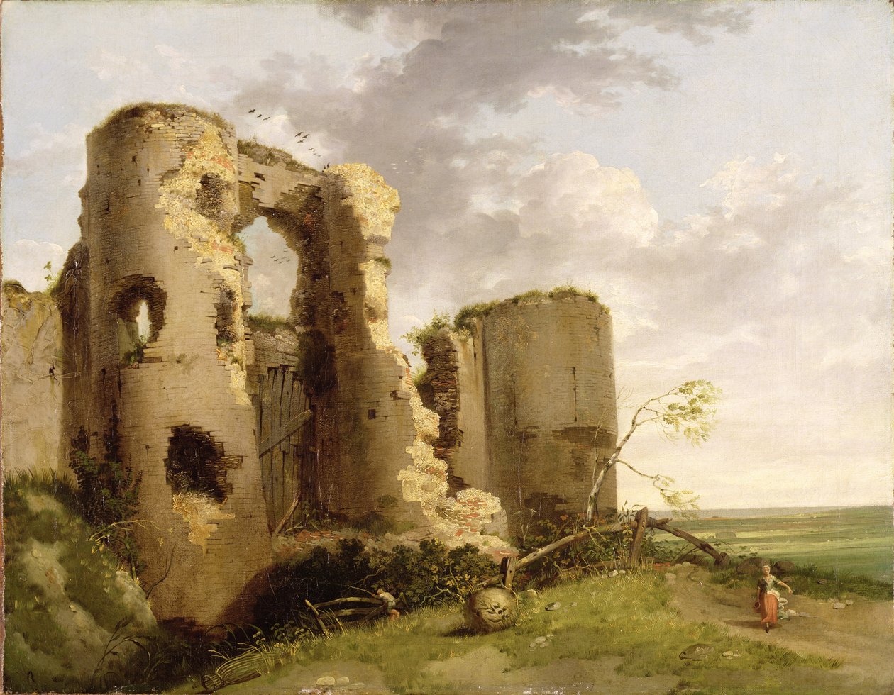 Utsikt over West Gate of Pevensey Castle, Sussex, ca. 1774 (olje på lerret) av John Hamilton Mortimer