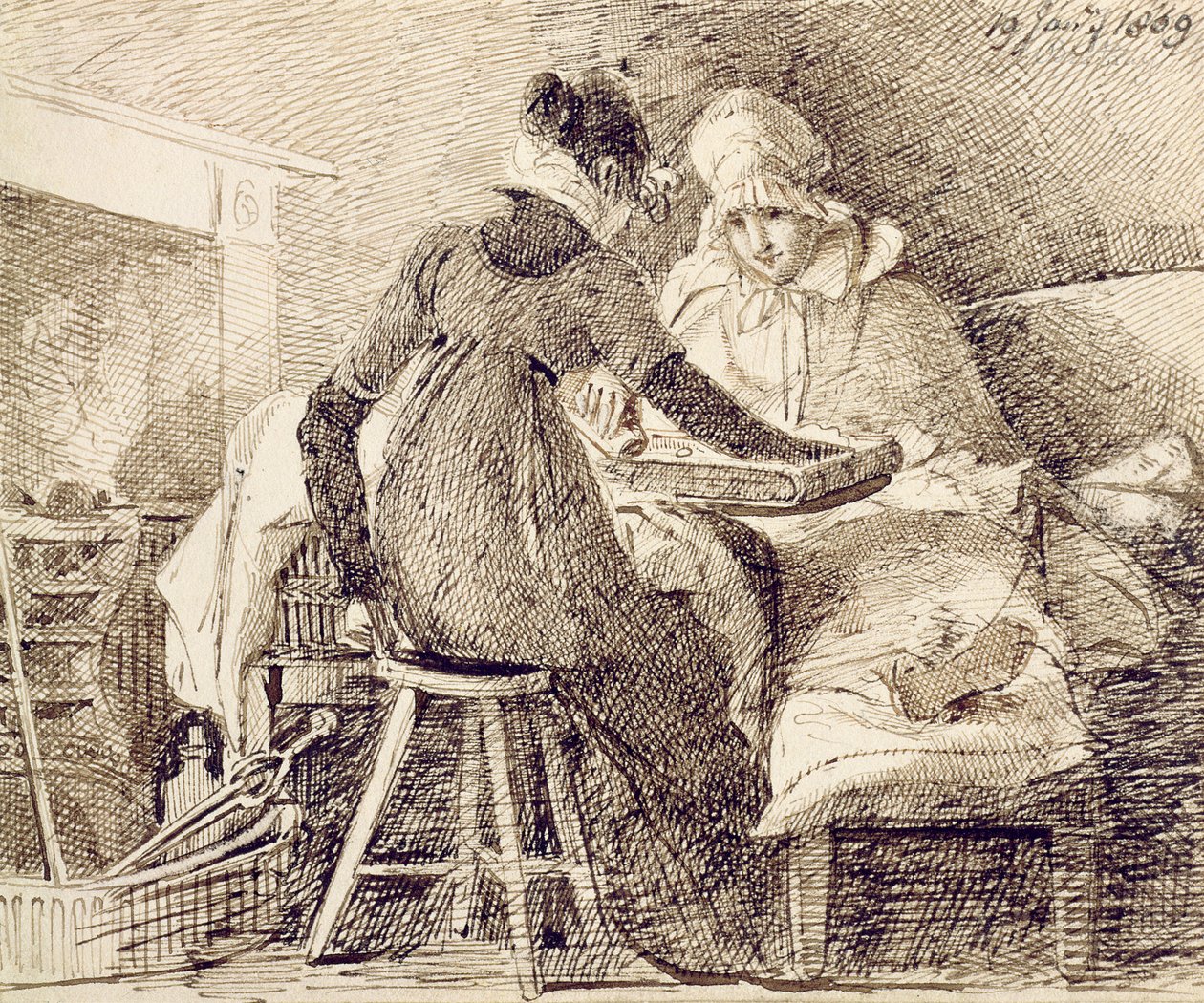 A Game of Backgammon, 19. januar 1809 (penn og blekk på papir) av John Harden
