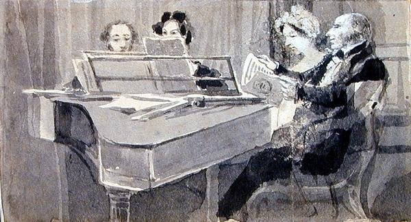 En musikalsk aften (akvarell og gouache på papir) av John Harden