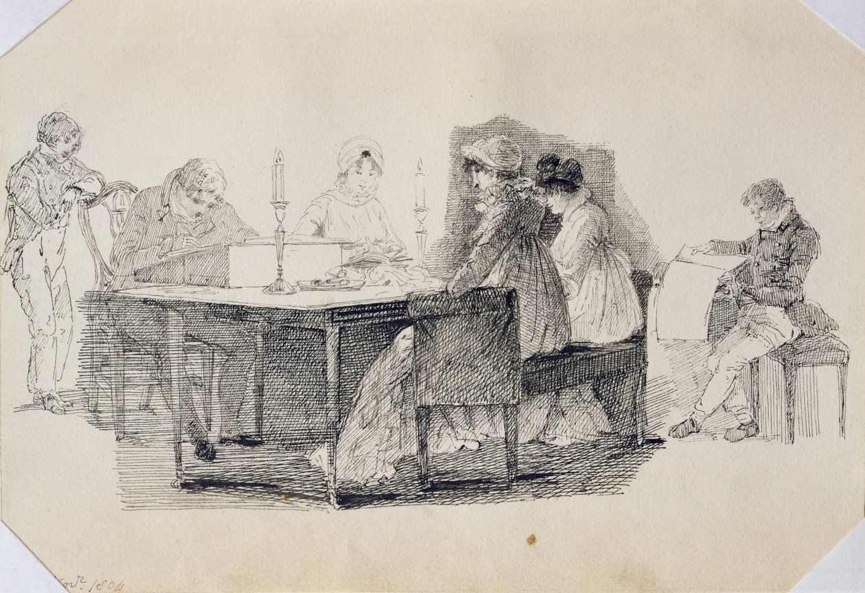 An Evening at Home, 1804 (penn og blekk på papir) av John Harden