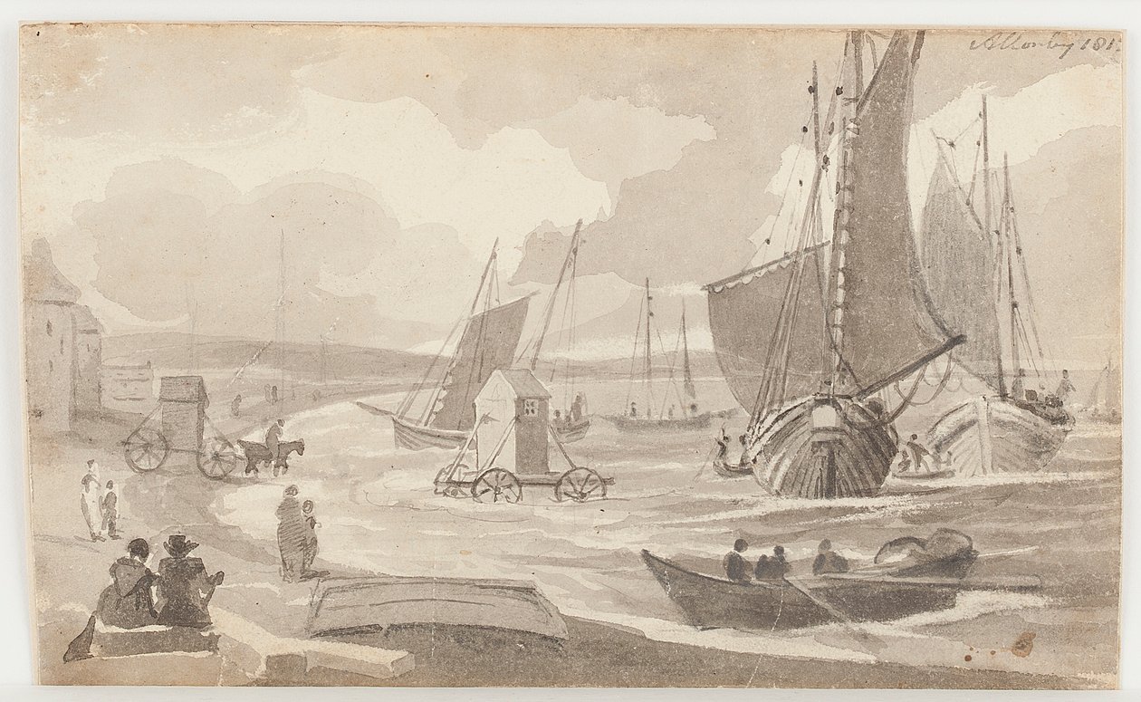 Bademaskiner i Allonby, Cumbria, 1812 (wc på papir) av John Harden