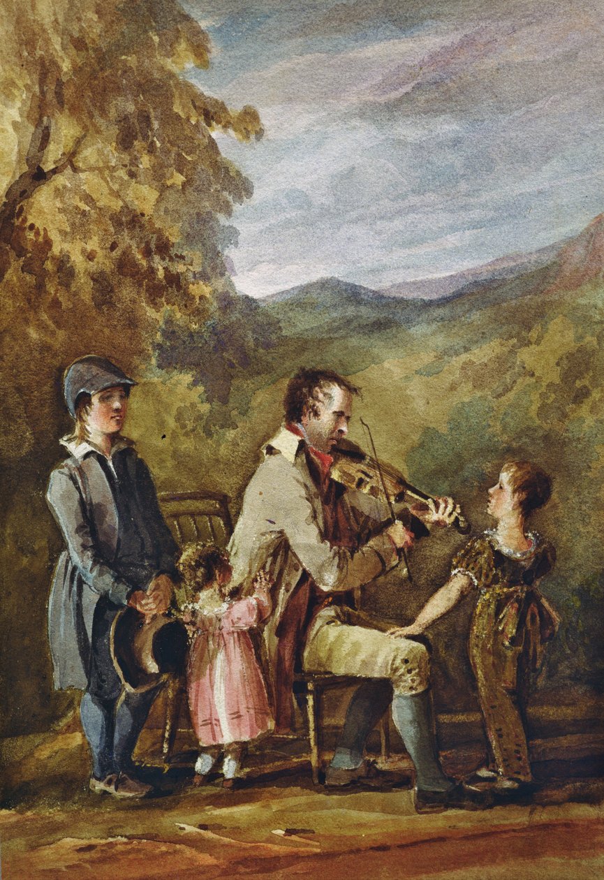 Blind Fiddler (blekk og wc på papir) av John Harden