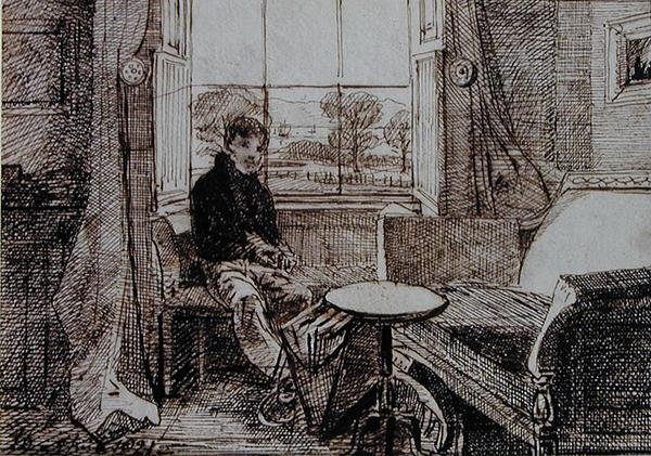 Gutt sitter ved et vindussete (penn og blekk på papir) av John Harden