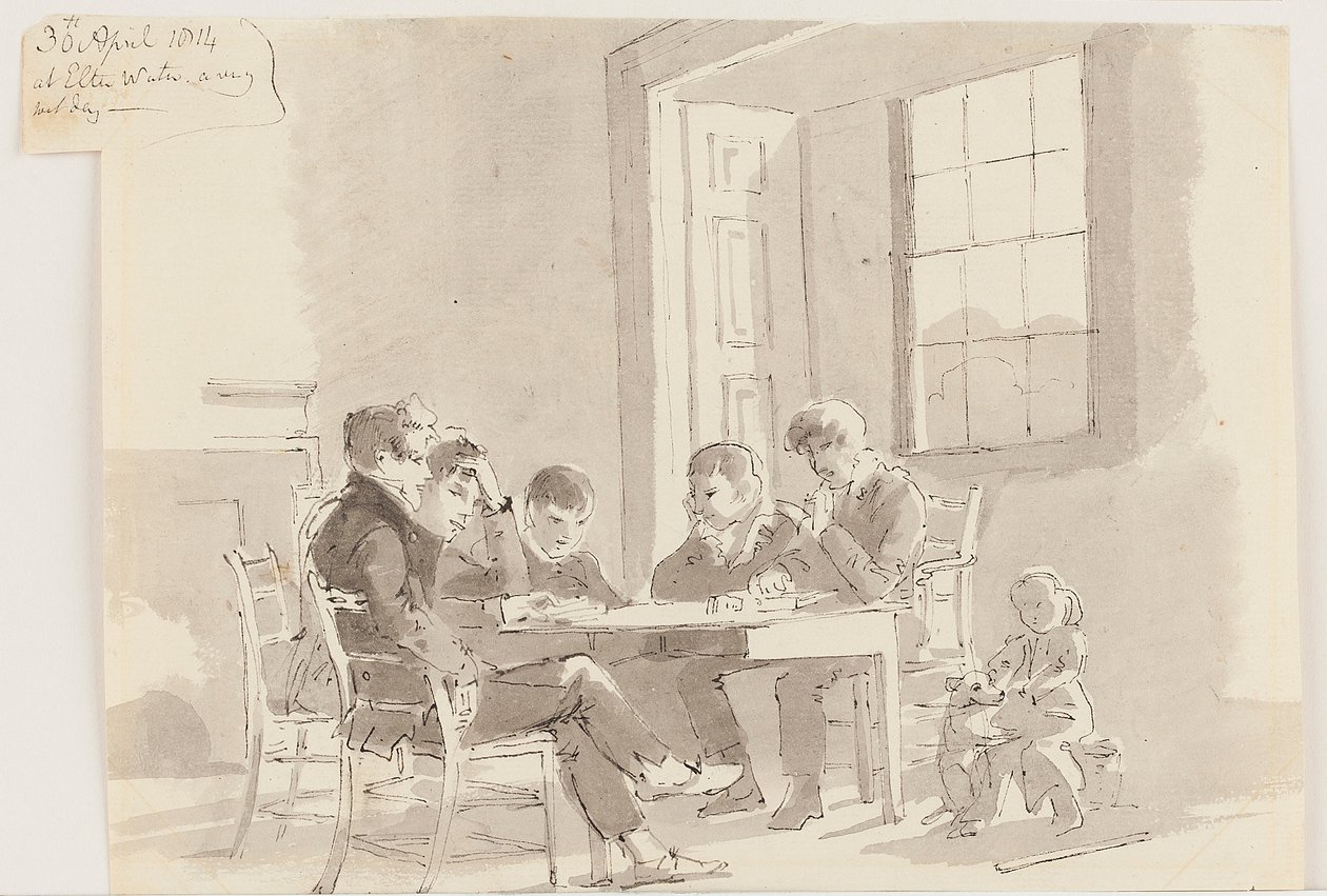 Gutter som leser på Storrs, Elterwater, 1814 (penn og blekk med vask på papir) av John Harden