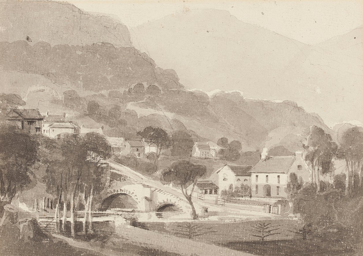 Brathay Bridge & Old Brathay, Lake District, Cumbria, 1820 (wc på papir) av John Harden