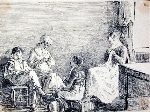 Familiegruppe i et interiør (penn og blekk på papir) av John Harden
