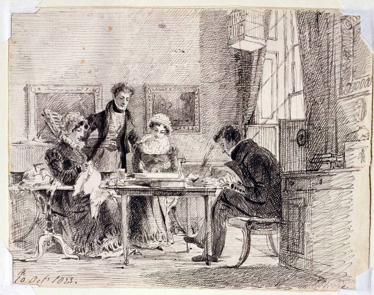 Familiegruppe sying og lesing, 10. oktober 1823 (penn og blekk på papir) av John Harden