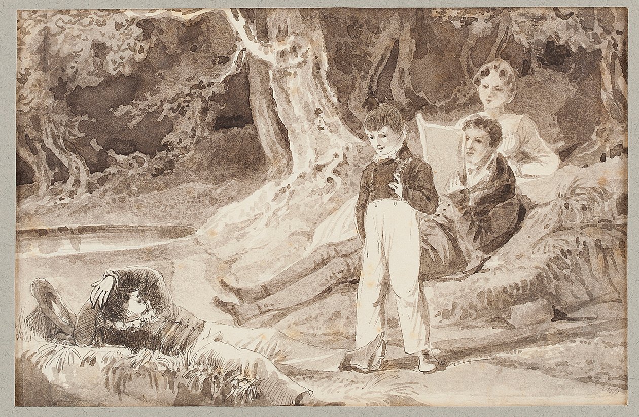Fire figurer blant trærne på en varm dag, 1807 (wc på papir) av John Harden