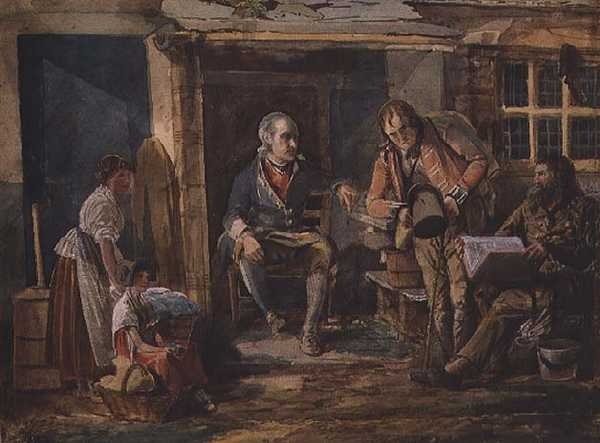 Gruppe inkludert en soldat utenfor en hyttedør (akvarell på papir) av John Harden