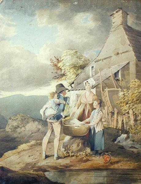 Gruppe utenfor et vaskeri (akvarell på papir) av John Harden