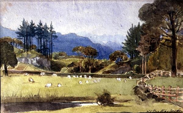 Langdale fra North Shore of Windermere (akvarell på papir) av John Harden