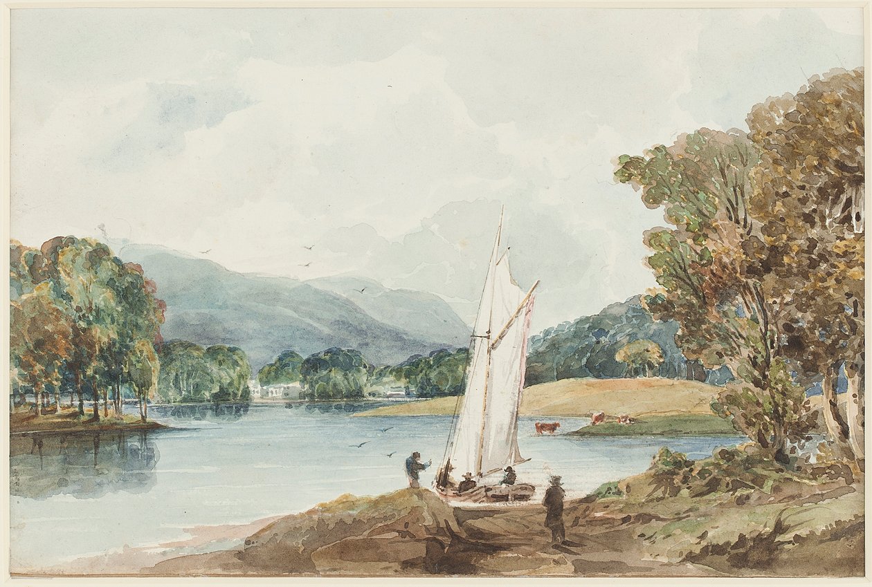 Lily of the Valley Island, Lake Windermere, Lake District, Cumbria, 1827 (wc på papir) av John Harden
