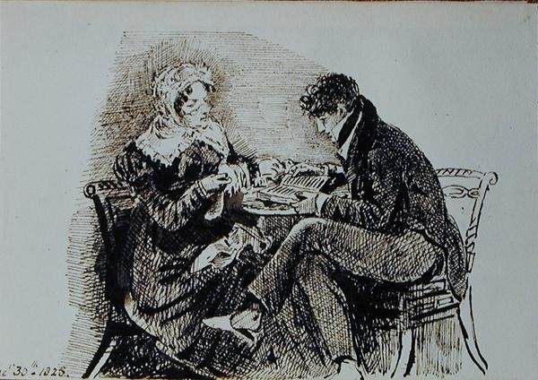 Mann og kvinne leser ved et bord av John Harden