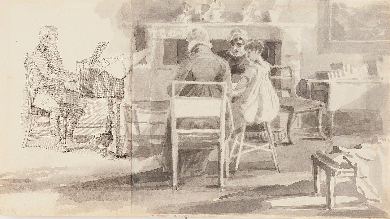 Mann ved pianoet med tre andre sittende (penn og blekk med akvarell på papir) av John Harden