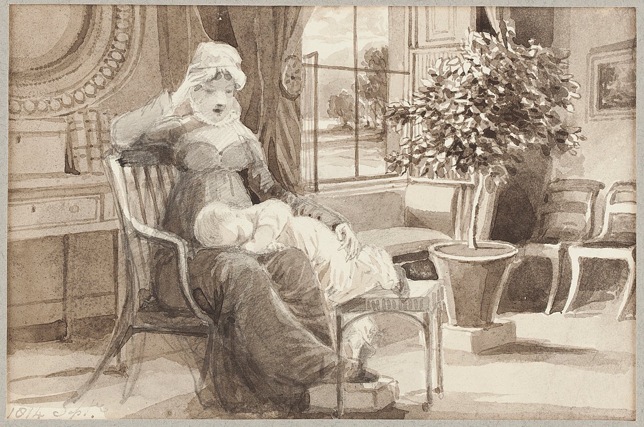 Fru H med babyen John William, 1814 (wc på papir) av John Harden