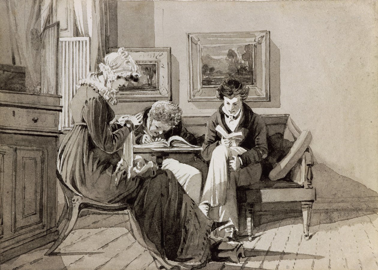 Sosialt interiør i Brathay Hall, som viser Jessy Harden, pastor Owen Lloyd og H. Almack, ca. 1827 (blekk og vask på papir) av John Harden