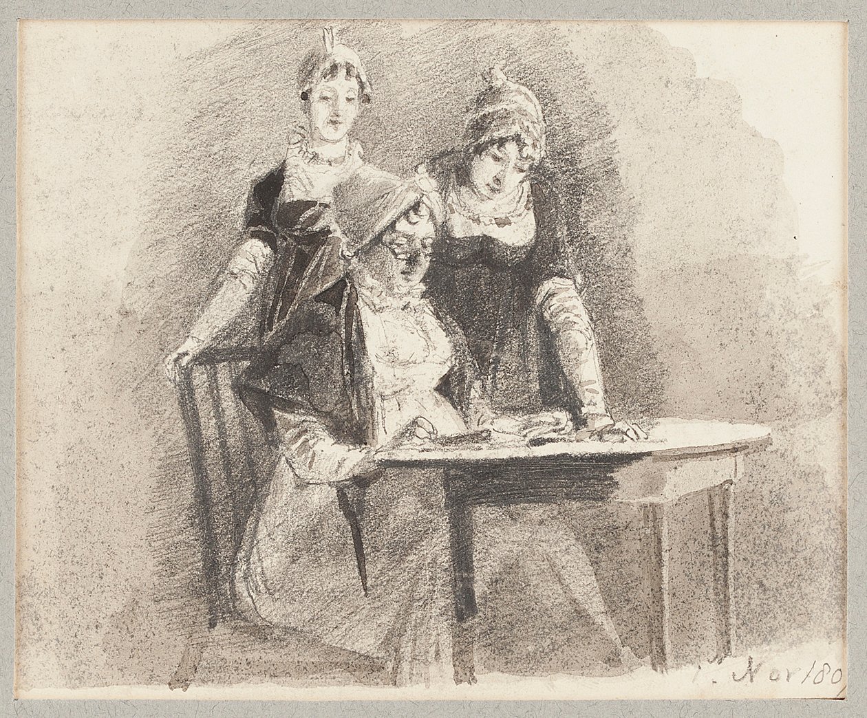 Tre ved et bord, en sittende, 1807 (blyant og vask på papir) av John Harden