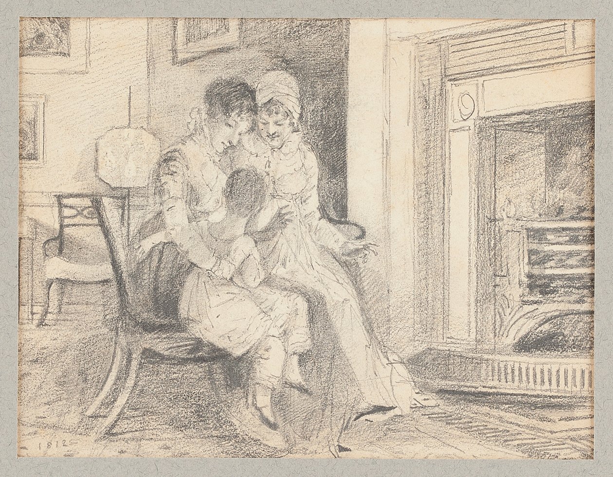 Tre ved bålet, med John W på 3 år, 1812 av John Harden