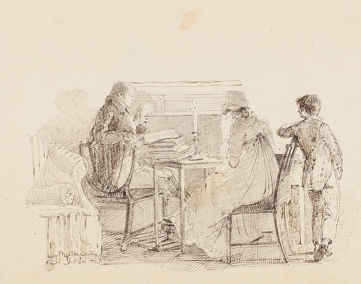 Tre ved peisen, 1805 av John Harden