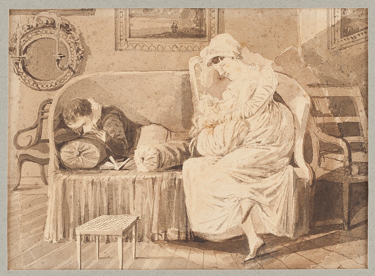 Tre på en sofa, 1805 (wc på papir) av John Harden