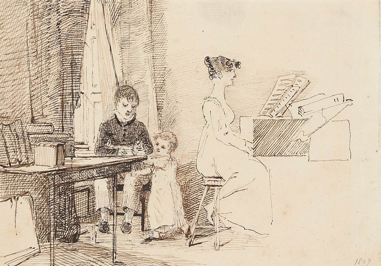 To barn og en kvinne ved pianoet, 1807 av John Harden