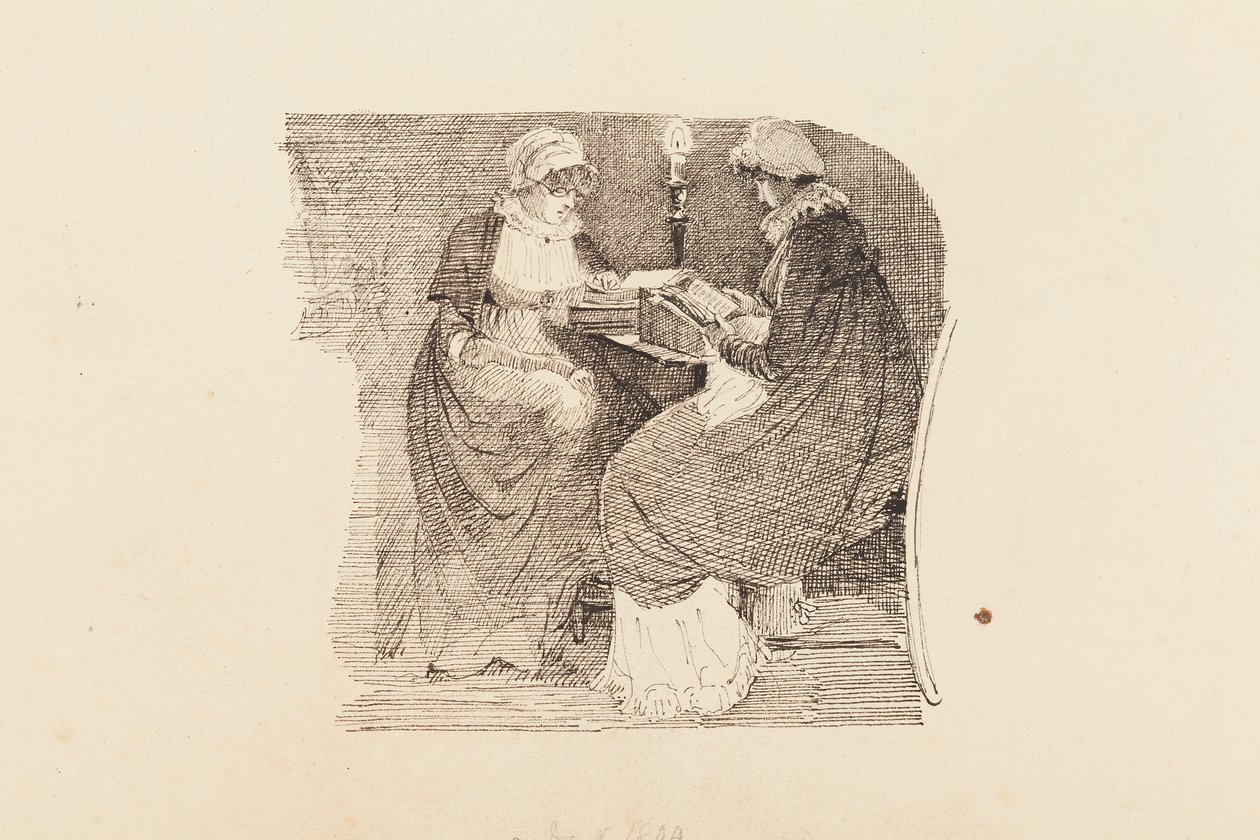 To kvinner som leser ved lampelys, 1804 (penn og blekk på papir) av John Harden