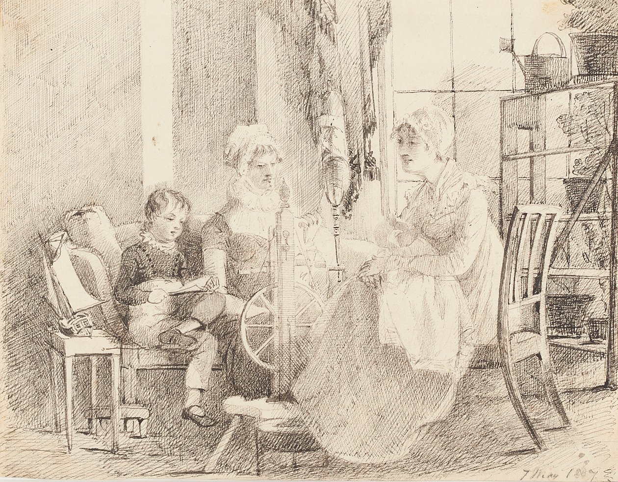 Kvinner ved spinnehjulet og en gutt med en lekebåt, 1807 av John Harden