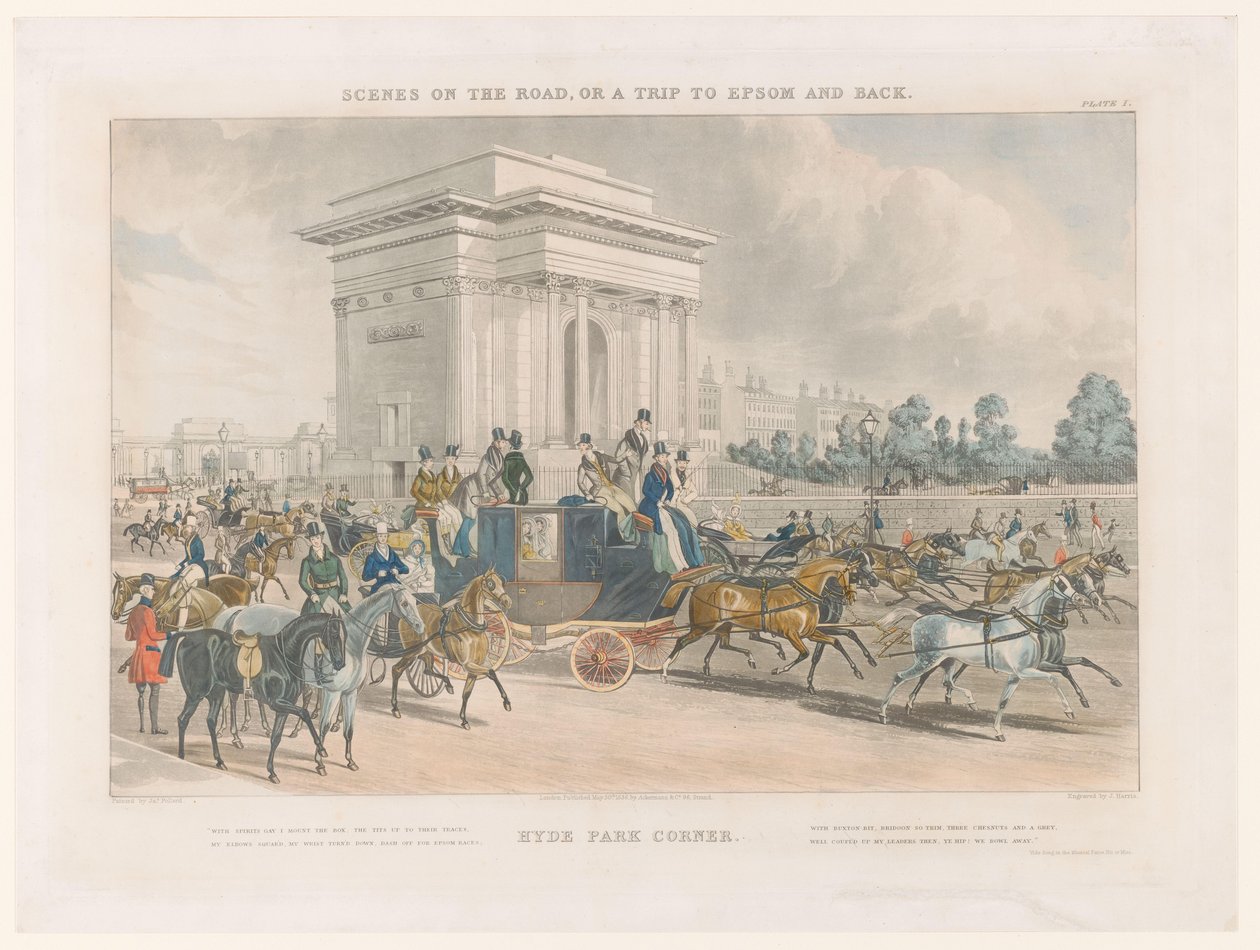 Utsikt over en gate og Wellington Arch ved Hyde Park Corner Hye Park Corner (tittel på objekt) Gatelandskap rundt Epsom (serietittel) Scener på veien, eller en tur til Epsom og tilbake (serietittel) av John Harris