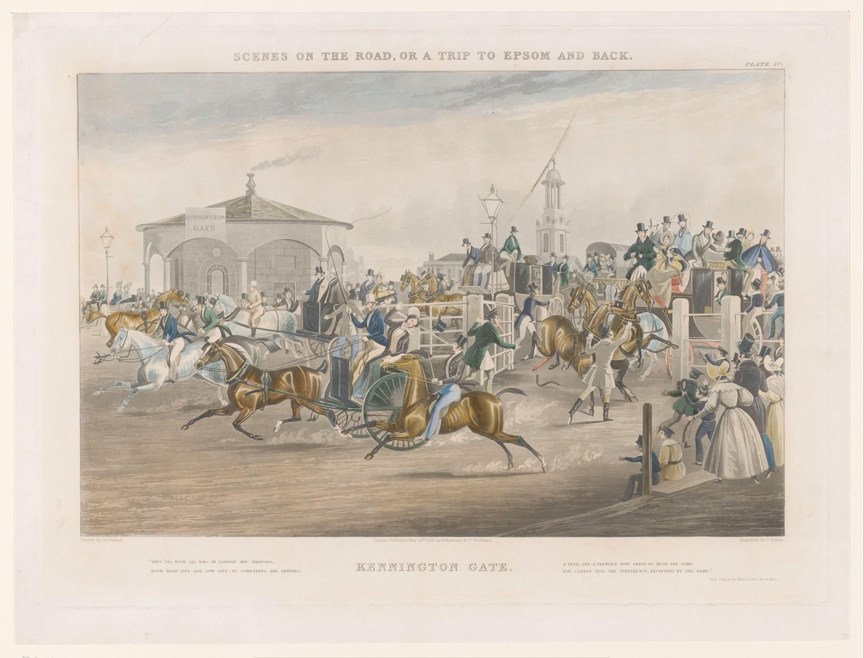 Utsikt over bomstasjonen i det travle krysset mellom Kennington Park og Camberwell New Road Kennington Gate (tittel på objekt) Gatelandskap rundt Epsom (serietittel) Scener på veien, eller en tur til Epsom og tilbake (serietittel) av John Harris